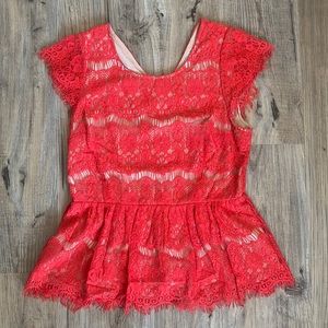 Anthropologie Maeve Red Lace Lined Peplum Top